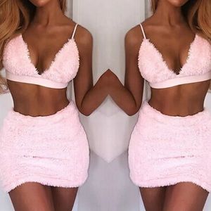 Fuzzy pink furry skirt crop top set fluffy bunny